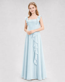 Dideyttawl Chiffon Junior Bridesmaid Dress with Ruffle Slit & Square Neck
