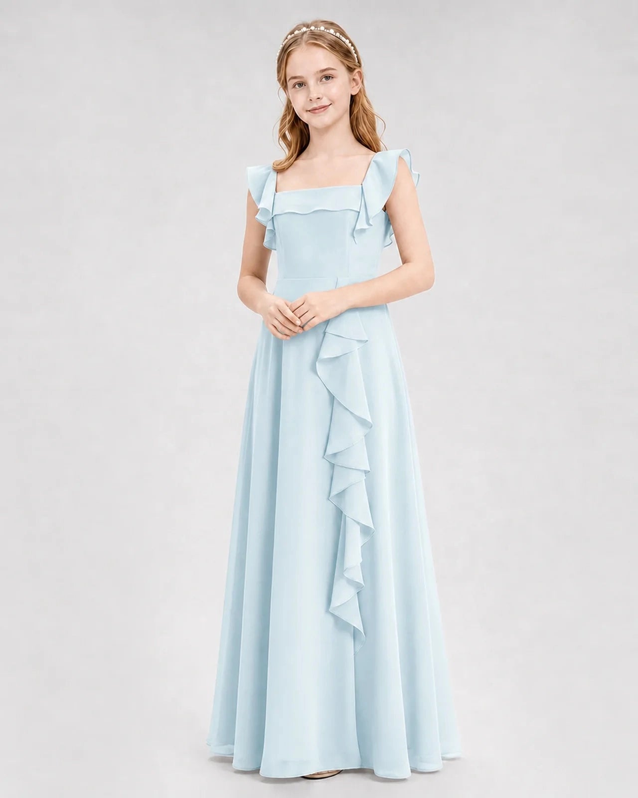 Dideyttawl Chiffon Junior Bridesmaid Dress with Ruffle Slit & Square Neck