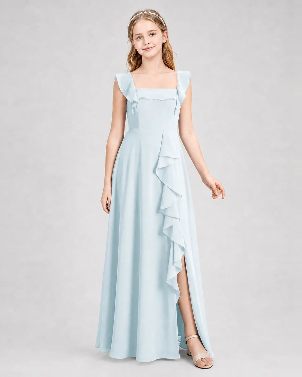 Babyblue Chiffon A-line Junior Bridesmaid Dress Side View