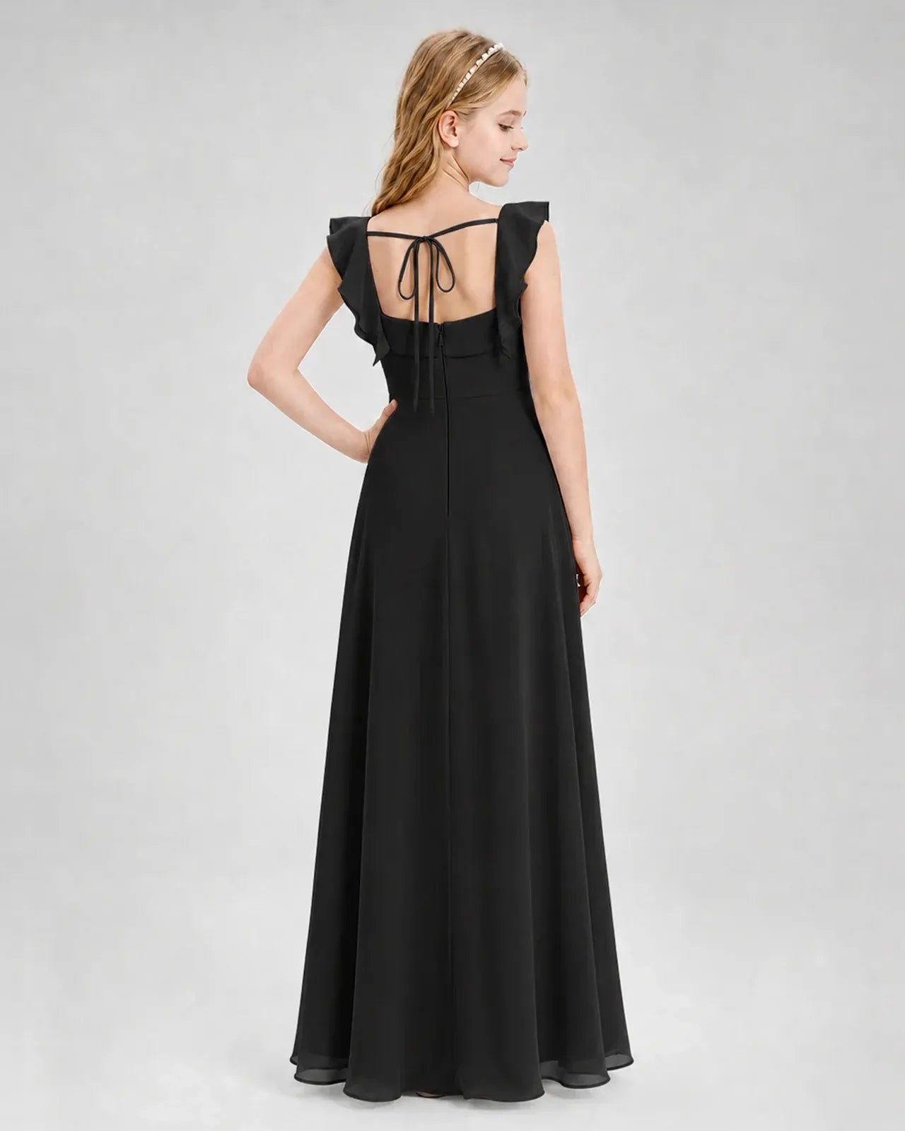 Black Chiffon A-line Junior Bridesmaid Dress Back View