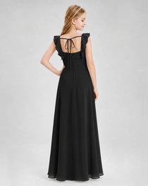 Dideyttawl Chiffon Junior Bridesmaid Dress with Ruffle Slit & Square Neck