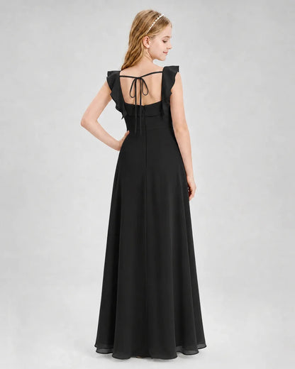 Black Chiffon A-line Junior Bridesmaid Dress Back View