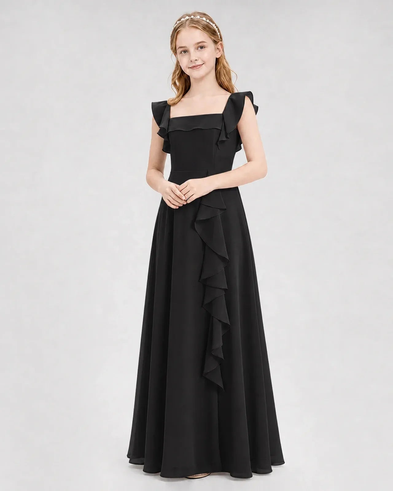 Black Chiffon A-line Junior Bridesmaid Dress Front View
