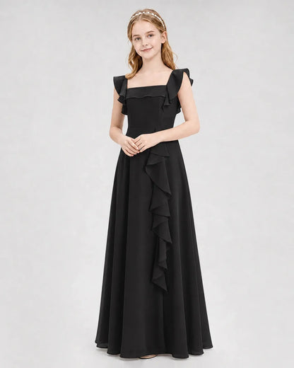 Black Chiffon A-line Junior Bridesmaid Dress Front View