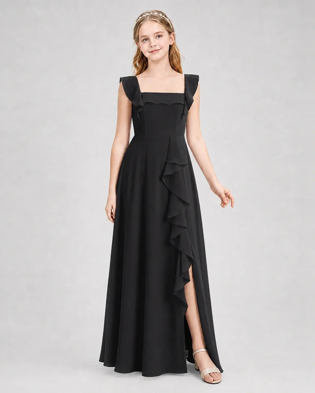 Black Chiffon A-line Junior Bridesmaid Dress Side View