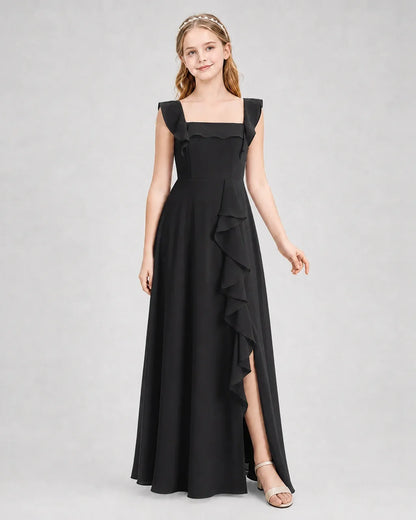Black Chiffon A-line Junior Bridesmaid Dress Side View