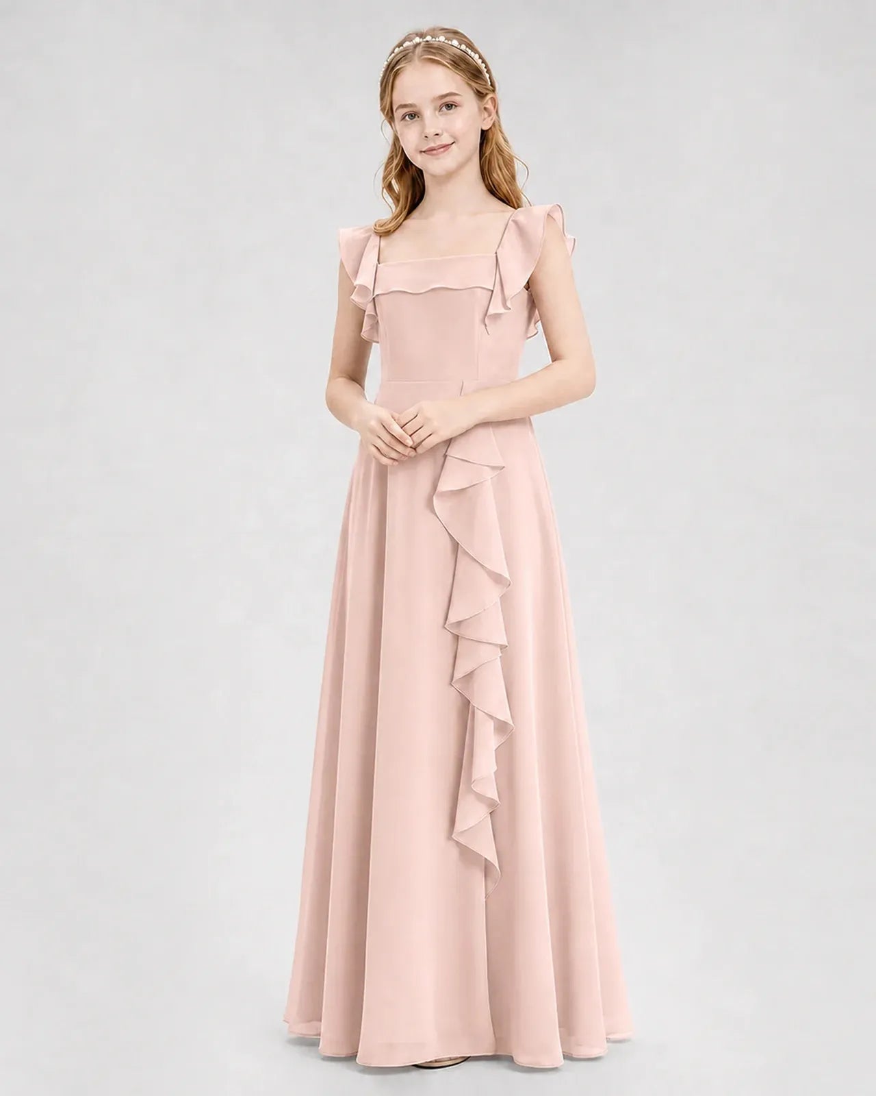 Blushpink Chiffon A-line Junior Bridesmaid Dress Front View