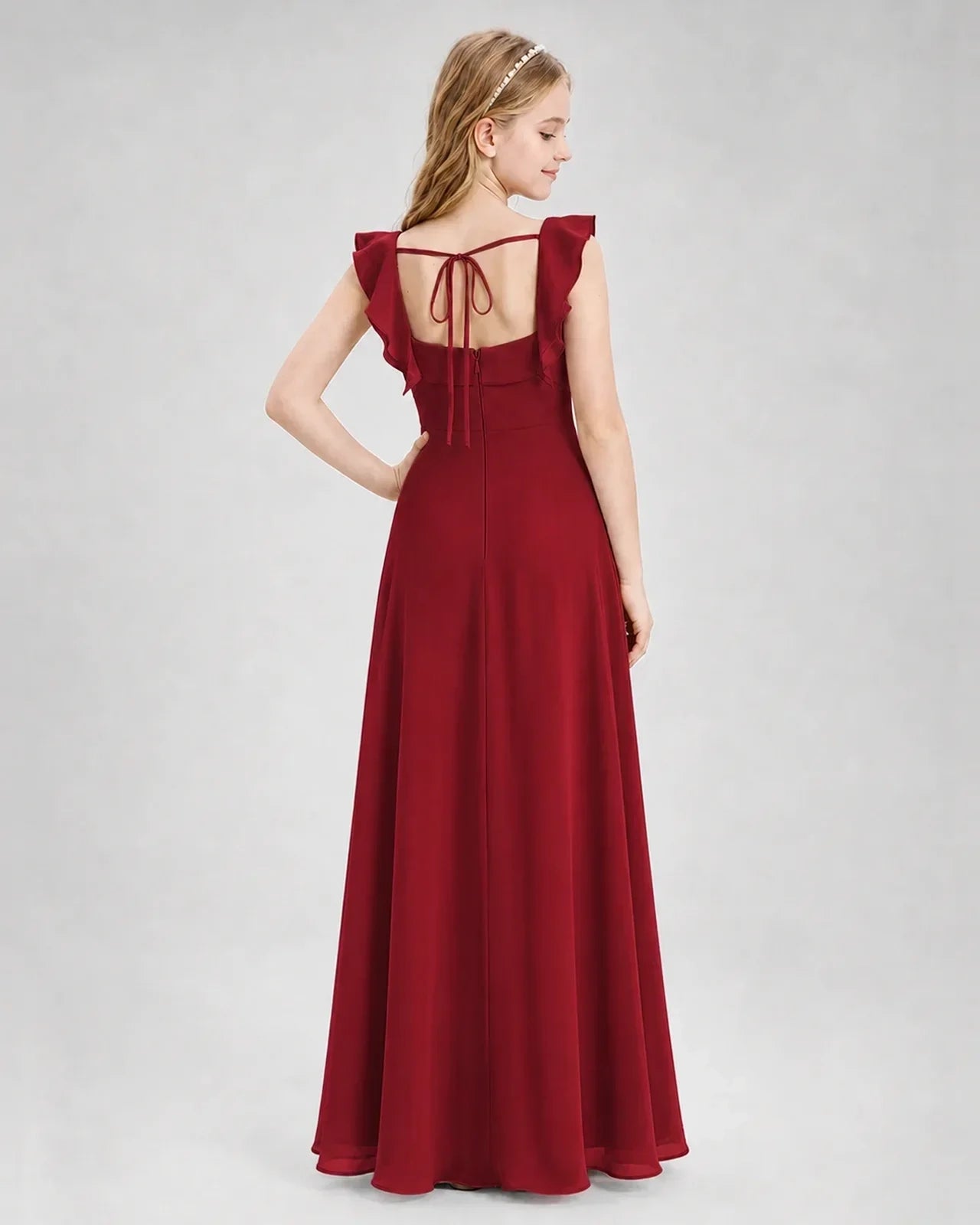 Dideyttawl Chiffon Junior Bridesmaid Dress with Ruffle Slit & Square Neck