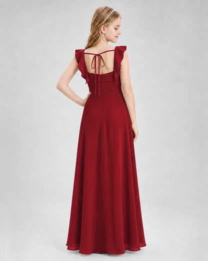 Burgundy Chiffon A-line Junior Bridesmaid Dress Back View