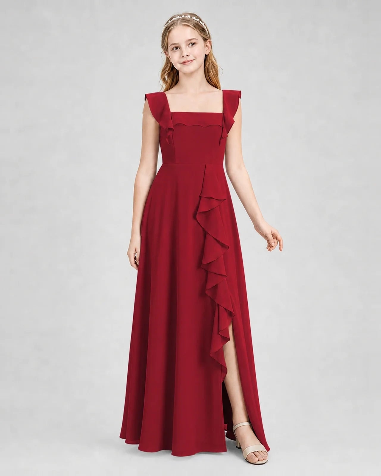 Dideyttawl Chiffon Junior Bridesmaid Dress with Ruffle Slit & Square Neck