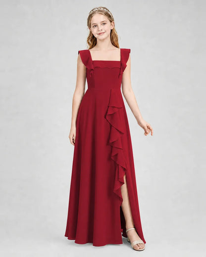 Burgundy Chiffon A-line Junior Bridesmaid Dress Side View