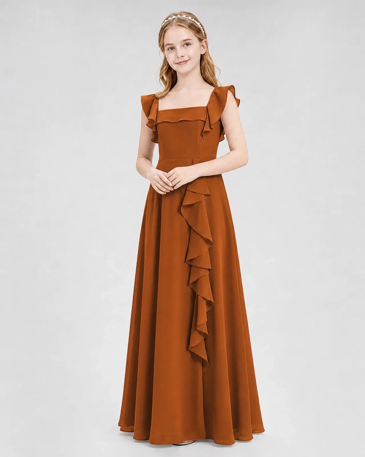 Burntorange Chiffon A-line Junior Bridesmaid Dress Front View