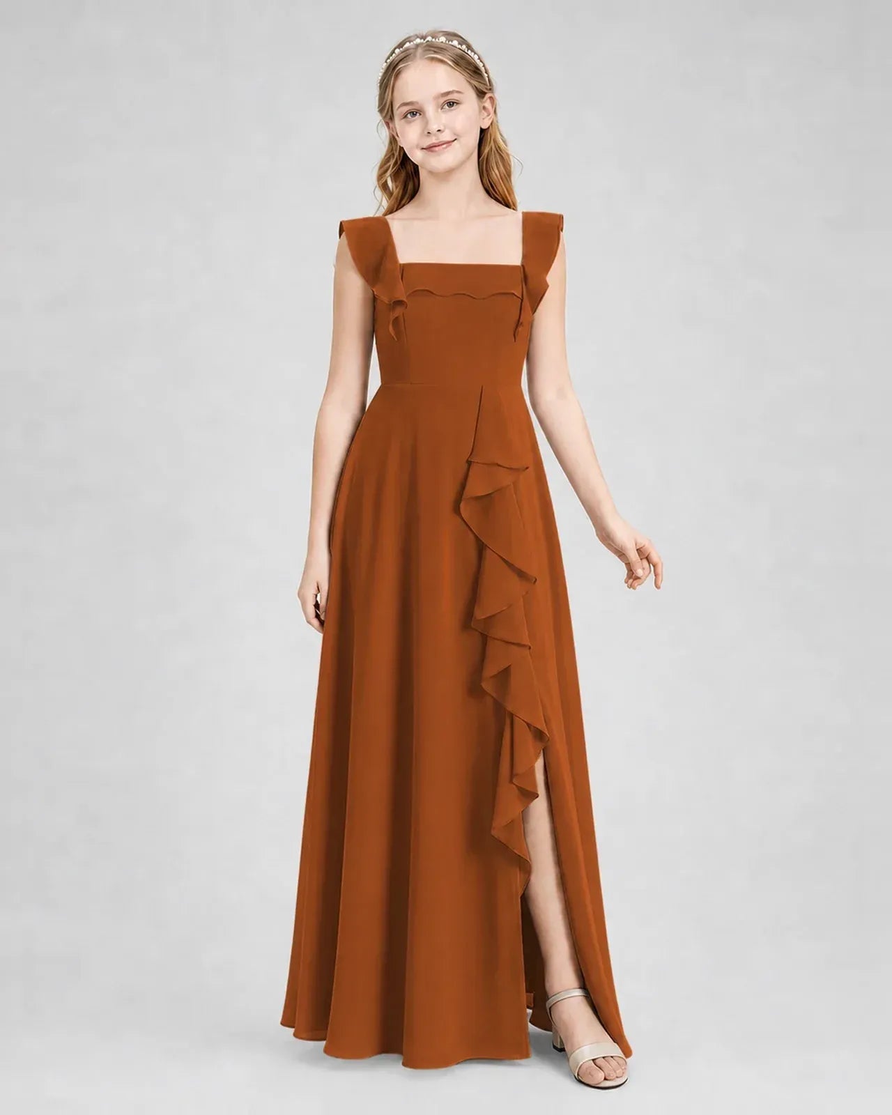 Burntorange Chiffon A-line Junior Bridesmaid Dress Side View