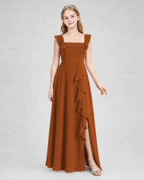 Dideyttawl Chiffon Junior Bridesmaid Dress with Ruffle Slit & Square Neck