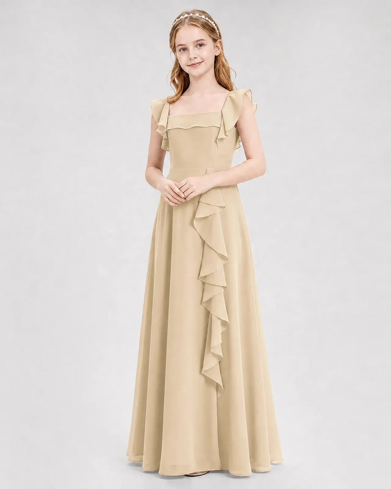Champagne Chiffon A-line Junior Bridesmaid Dress Front View