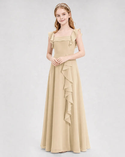 Champagne Chiffon A-line Junior Bridesmaid Dress Front View