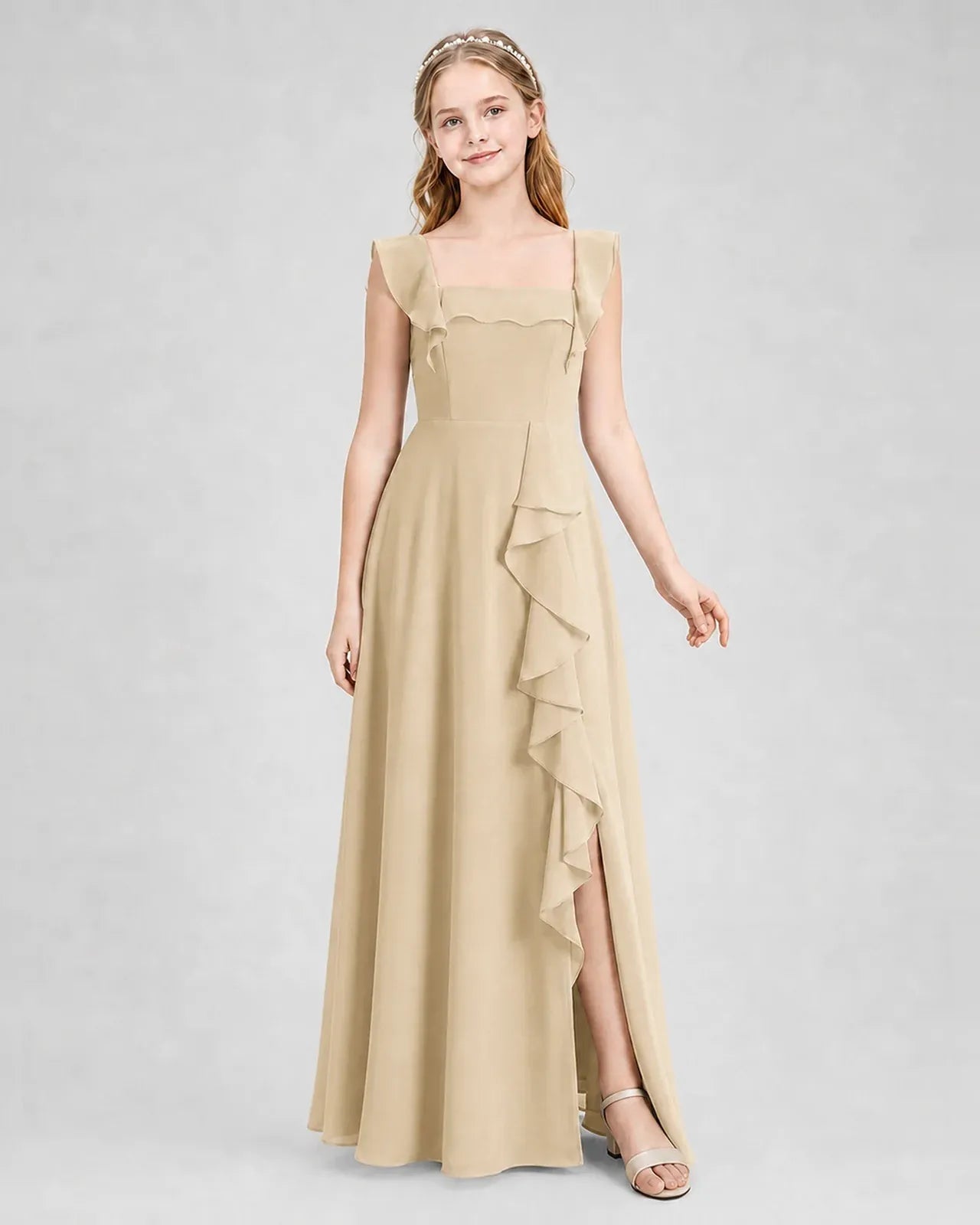 Champagne Chiffon A-line Junior Bridesmaid Dress Side View