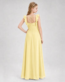 Dideyttawl Chiffon Junior Bridesmaid Dress with Ruffle Slit & Square Neck