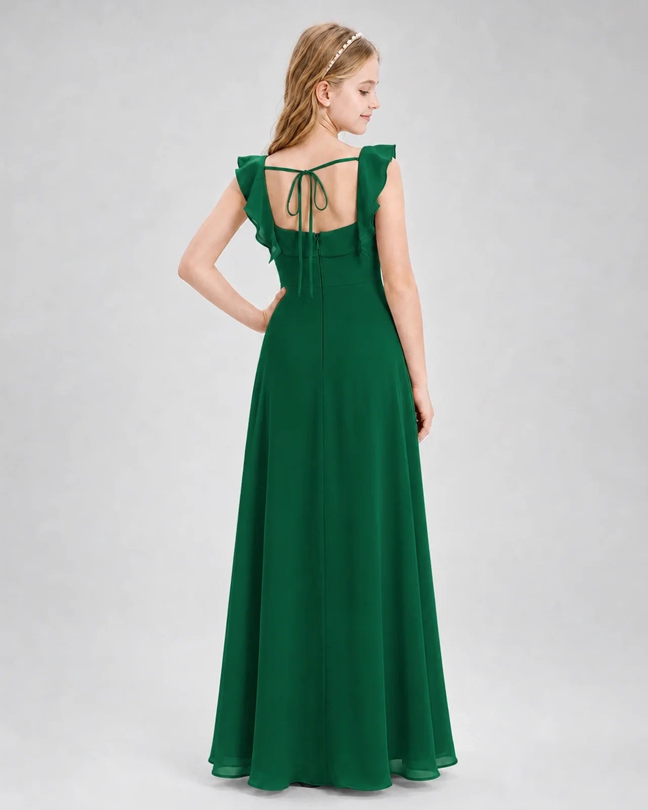 Dideyttawl Chiffon Junior Bridesmaid Dress with Ruffle Slit & Square Neck