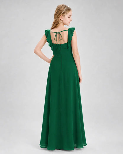 Darkgreen Chiffon A-line Junior Bridesmaid Dress Back View