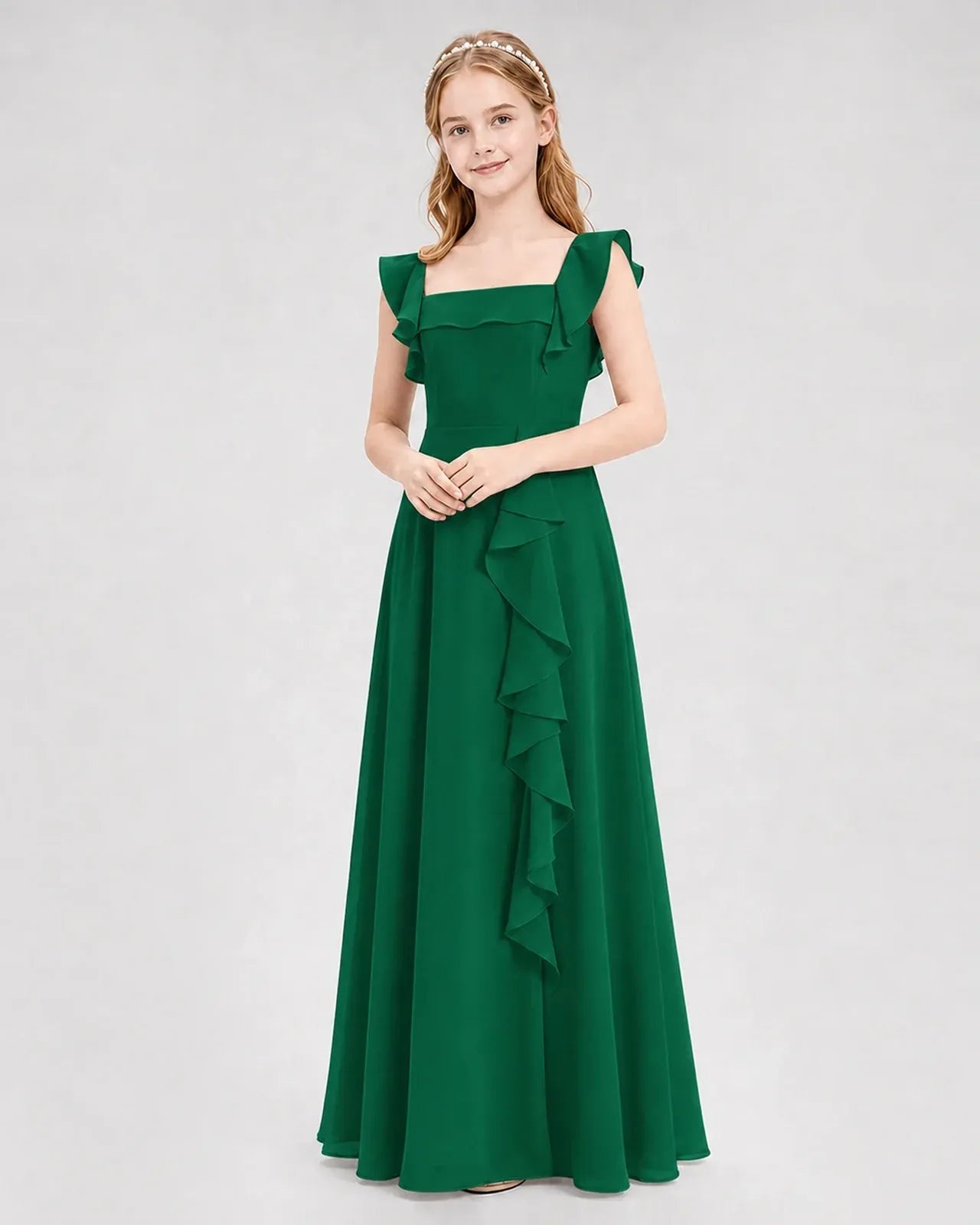 Darkgreen Chiffon A-line Junior Bridesmaid Dress Front View
