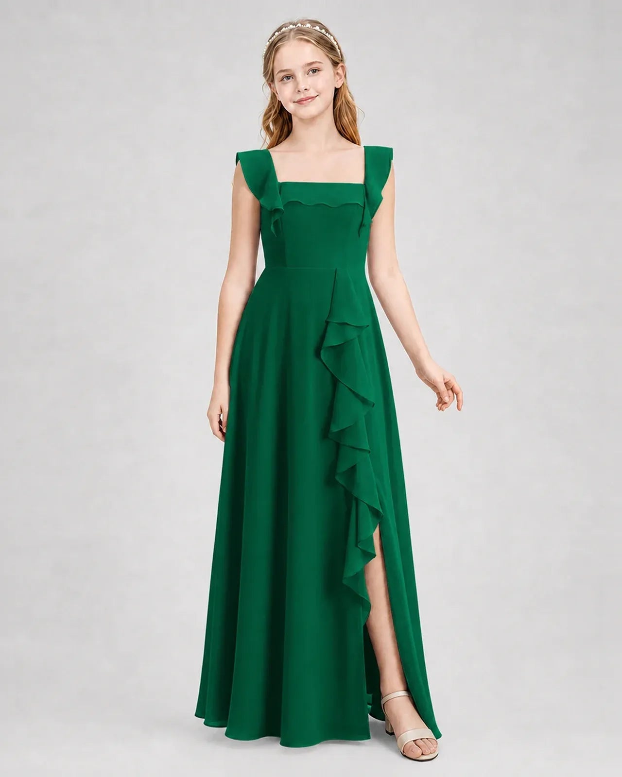 Darkgreen Chiffon A-line Junior Bridesmaid Dress Side View