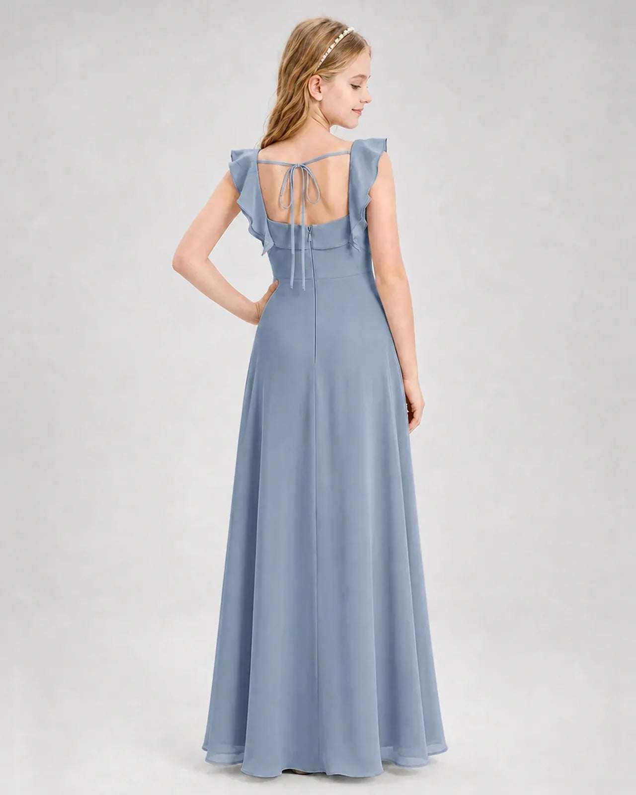 Dustyblue Chiffon A-line Junior Bridesmaid Dress Back View