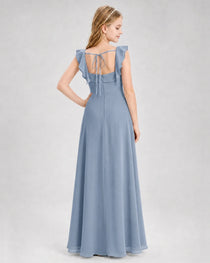 Dideyttawl Chiffon Junior Bridesmaid Dress with Ruffle Slit & Square Neck