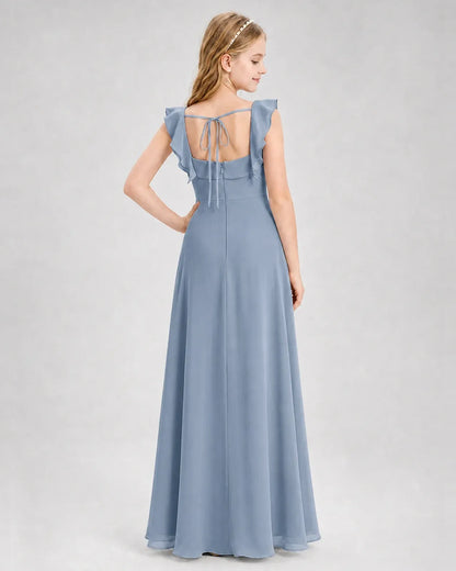 Dustyblue Chiffon A-line Junior Bridesmaid Dress Back View