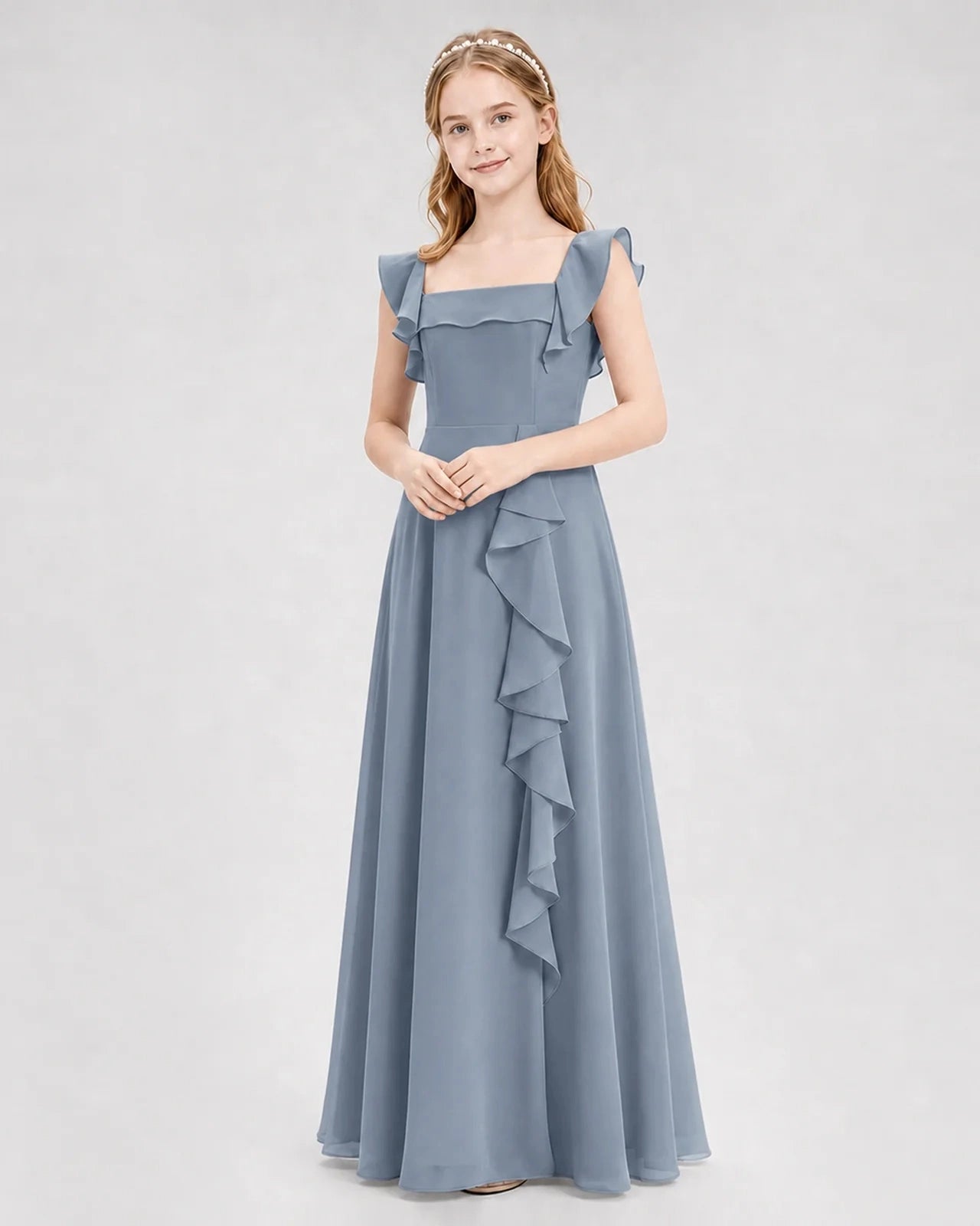 Dideyttawl Chiffon Junior Bridesmaid Dress with Ruffle Slit & Square Neck