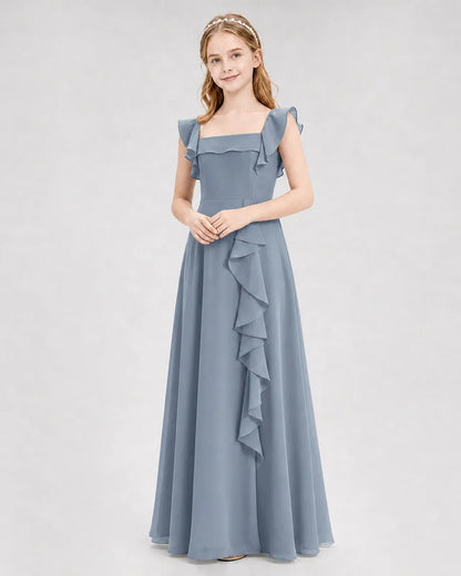 Dustyblue Chiffon A-line Junior Bridesmaid Dress Front View