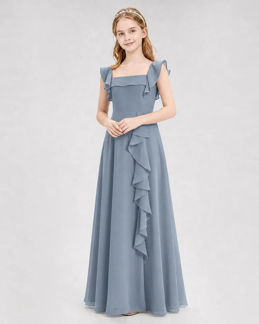 Dusty Blue Chiffon A-line Junior Bridesmaid Dress Front View