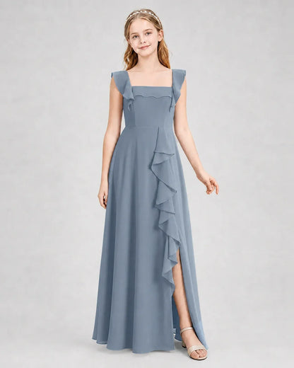 Dustyblue Chiffon A-line Junior Bridesmaid Dress Side View
