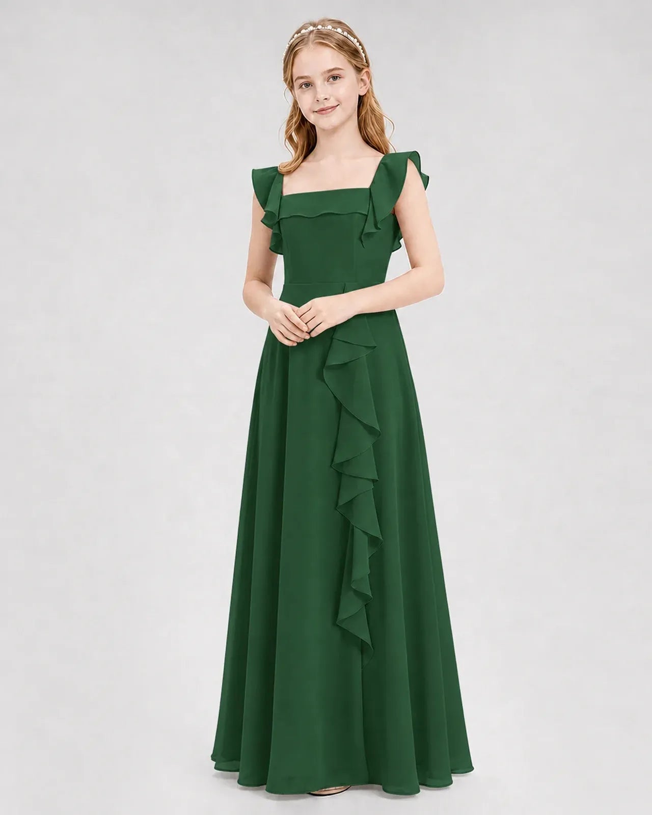 Emeraldgreen Chiffon A-line Junior Bridesmaid Dress Front View