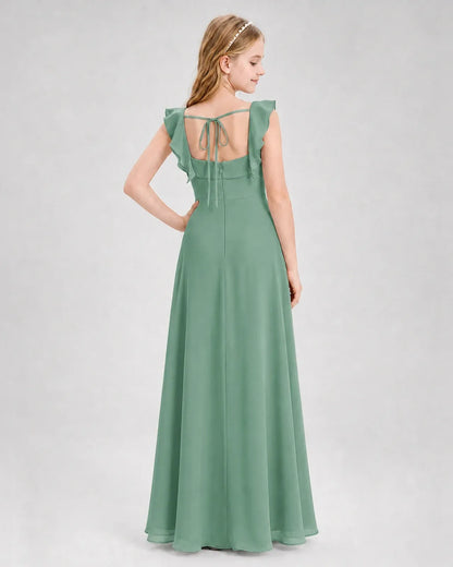 Eucalyptus Chiffon A-line Junior Bridesmaid Dress Back View