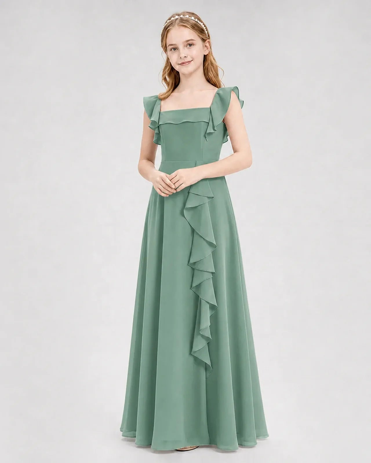 Eucalyptus Chiffon A-line Junior Bridesmaid Dress Front View