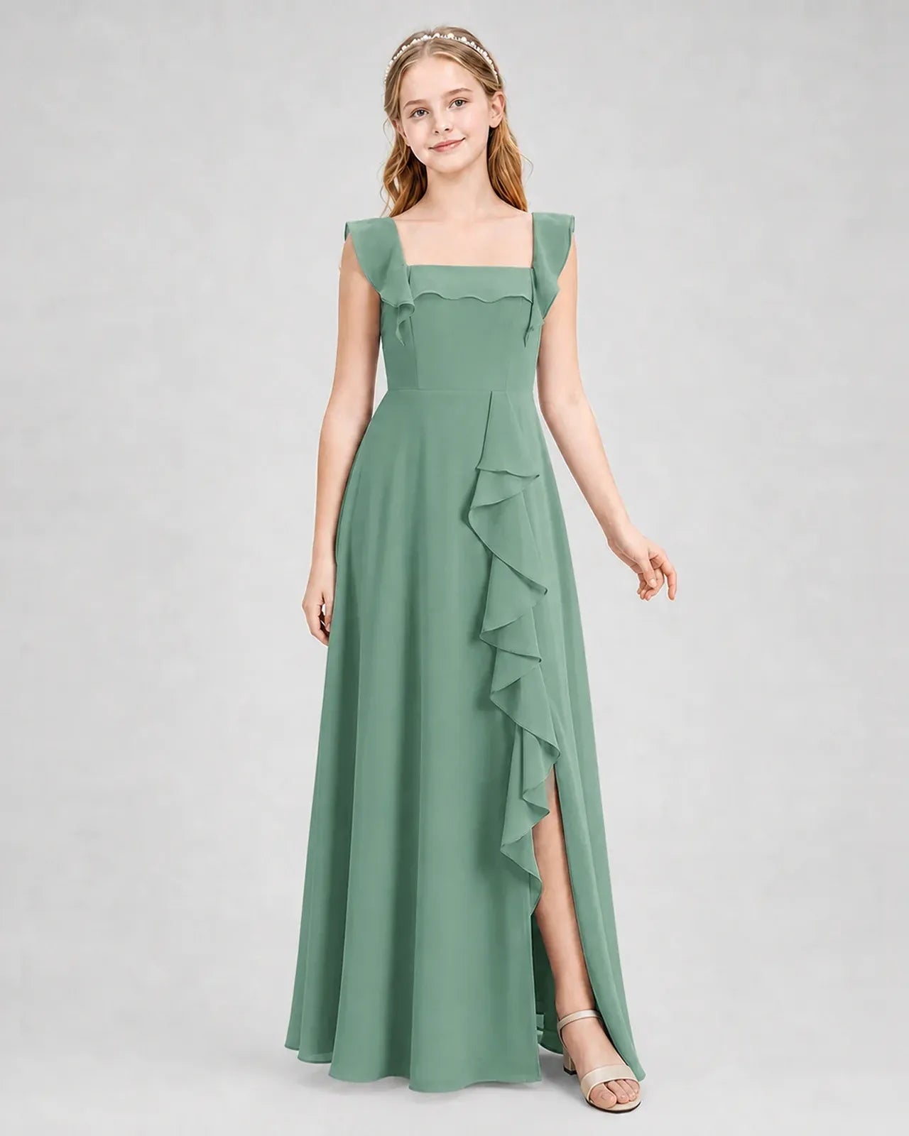 Eucalyptus Chiffon A-line Junior Bridesmaid Dress Side View