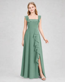 Dideyttawl Chiffon Junior Bridesmaid Dress with Ruffle Slit & Square Neck