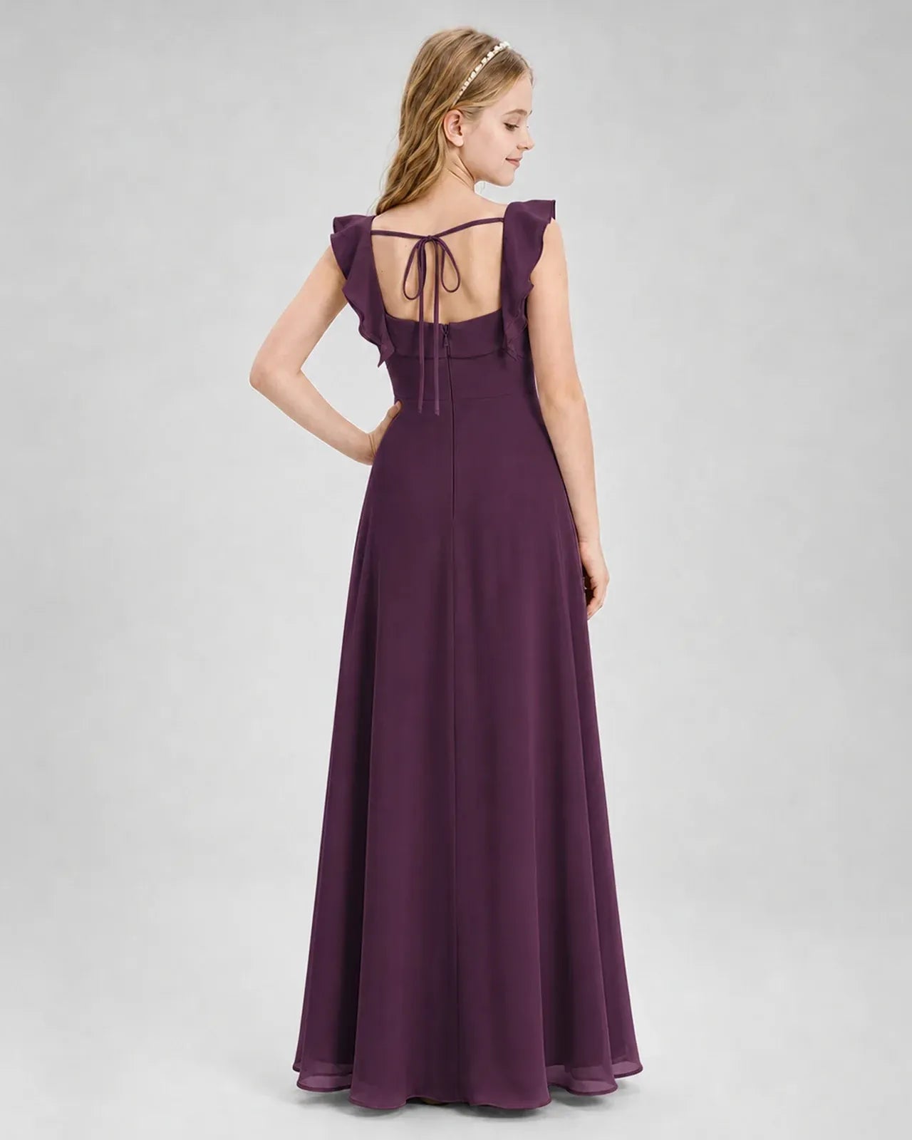 Grape Chiffon A-line Junior Bridesmaid Dress Back View