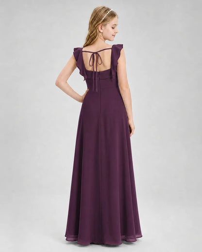 Grape Chiffon A-line Junior Bridesmaid Dress Back View