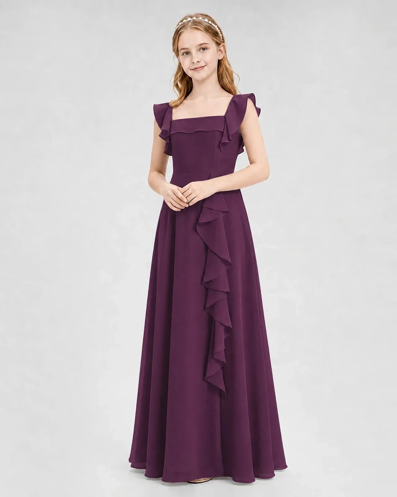 Grape Chiffon A-line Junior Bridesmaid Dress Front View