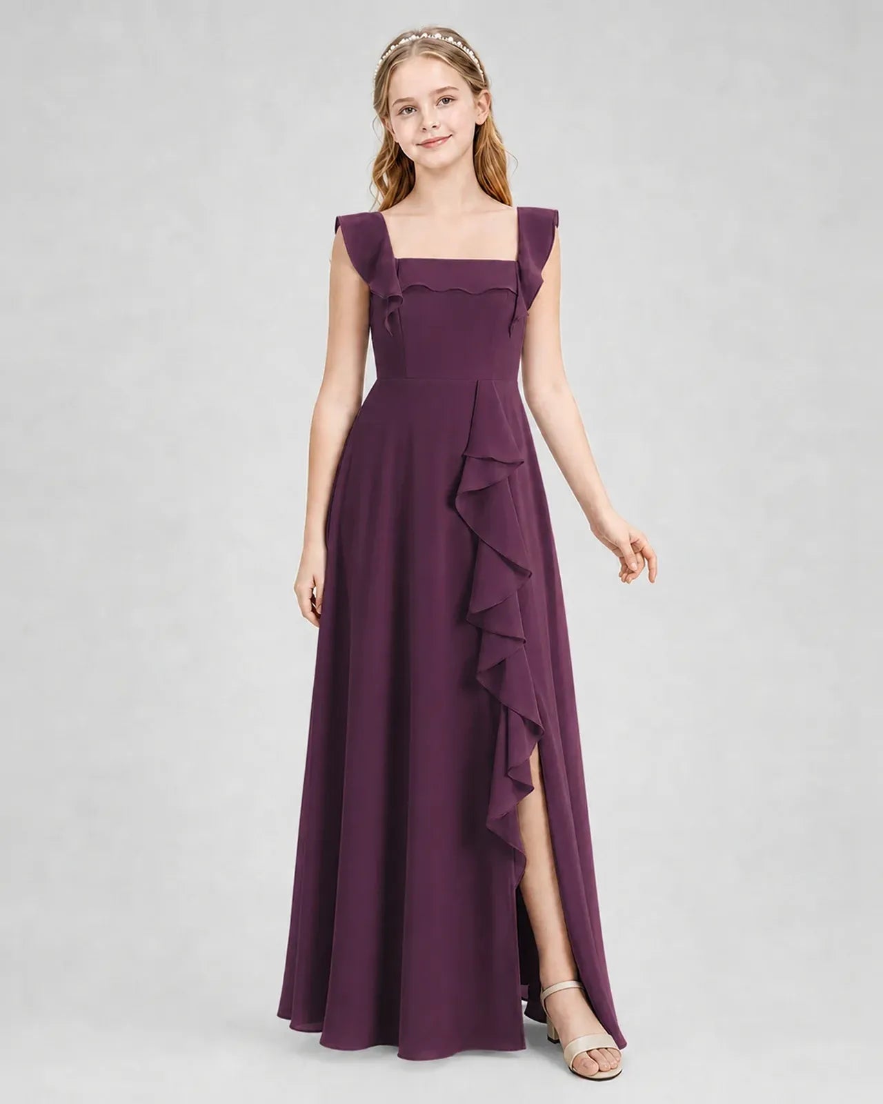Grape Chiffon A-line Junior Bridesmaid Dress Side View
