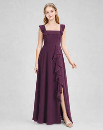 Dideyttawl Chiffon Junior Bridesmaid Dress with Ruffle Slit & Square Neck