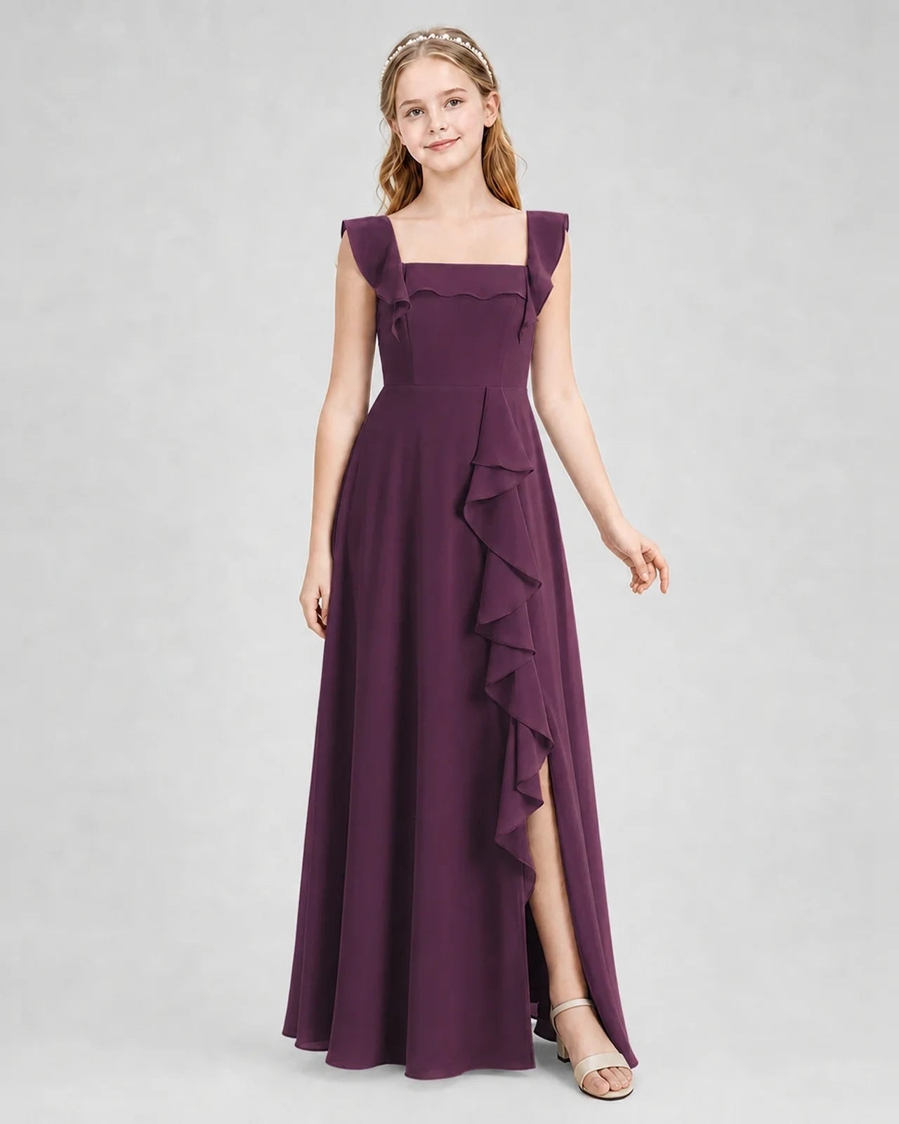 Dideyttawl Chiffon Junior Bridesmaid Dress with Ruffle Slit & Square Neck