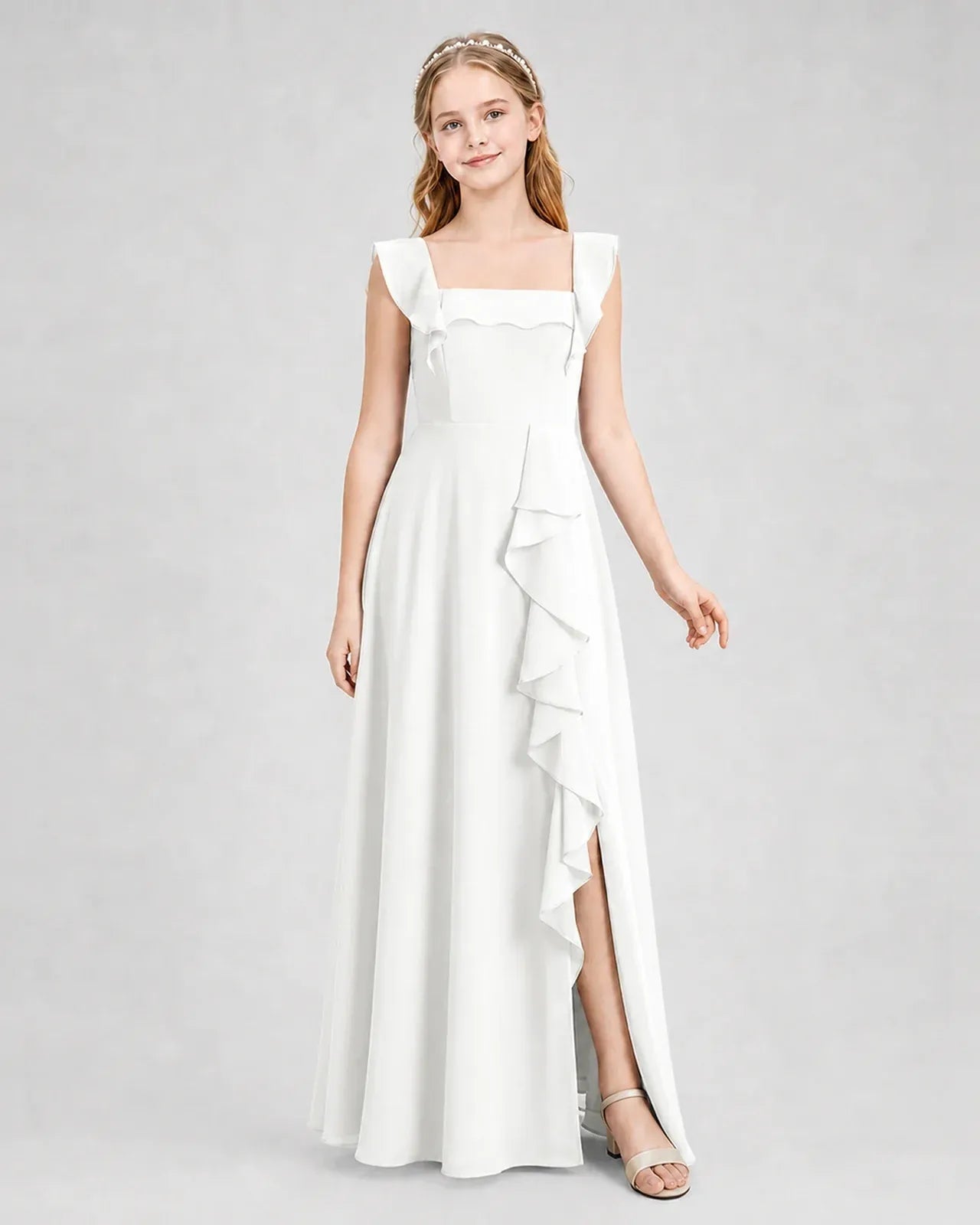 Ivory Chiffon A-line Junior Bridesmaid Dress Side View