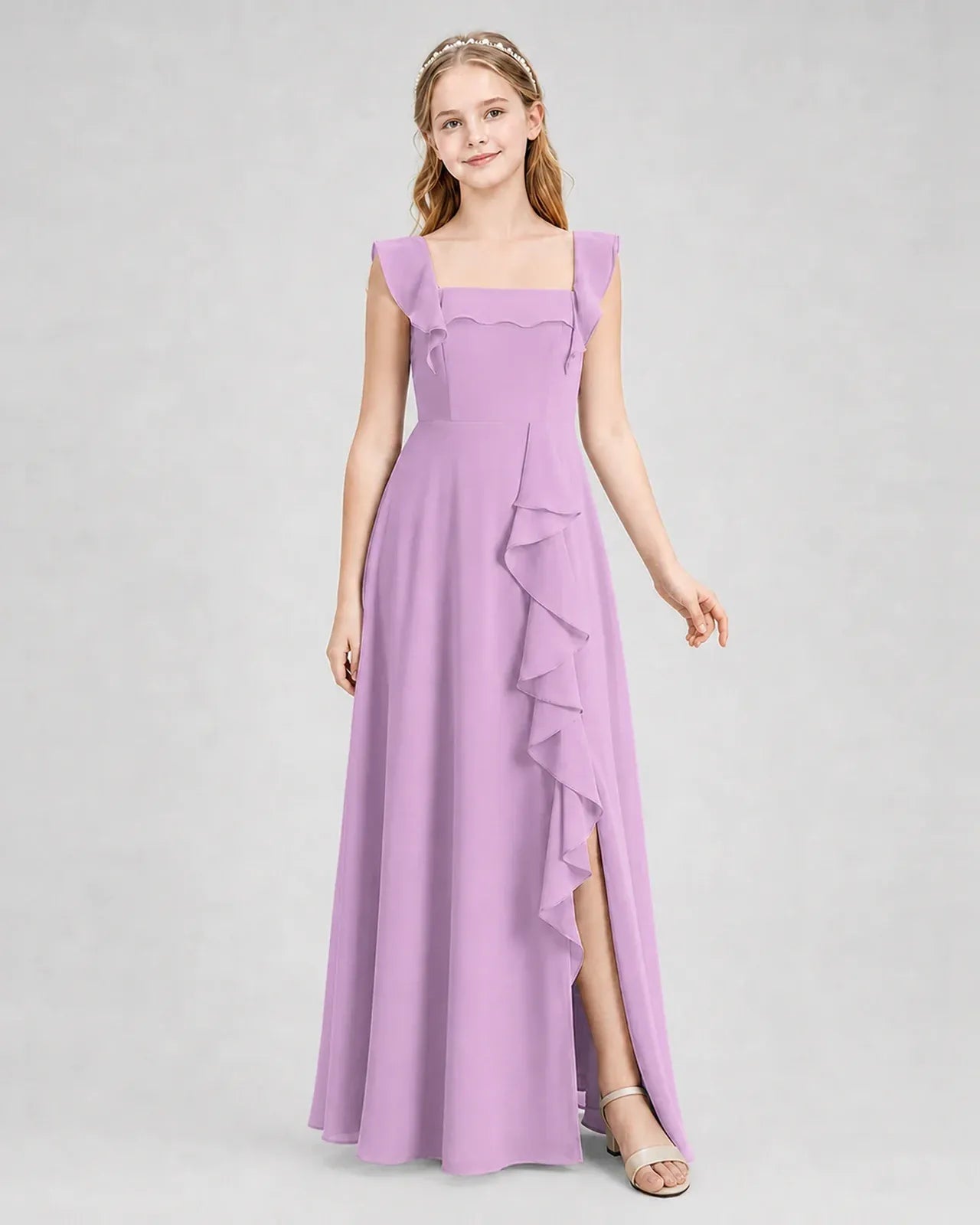 Lilac Chiffon A-line Junior Bridesmaid Dress Side View