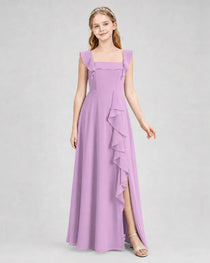 Dideyttawl Chiffon Junior Bridesmaid Dress with Ruffle Slit & Square Neck