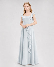 Dideyttawl Chiffon Junior Bridesmaid Dress with Ruffle Slit & Square Neck