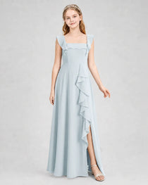 Dideyttawl Chiffon Junior Bridesmaid Dress with Ruffle Slit & Square Neck