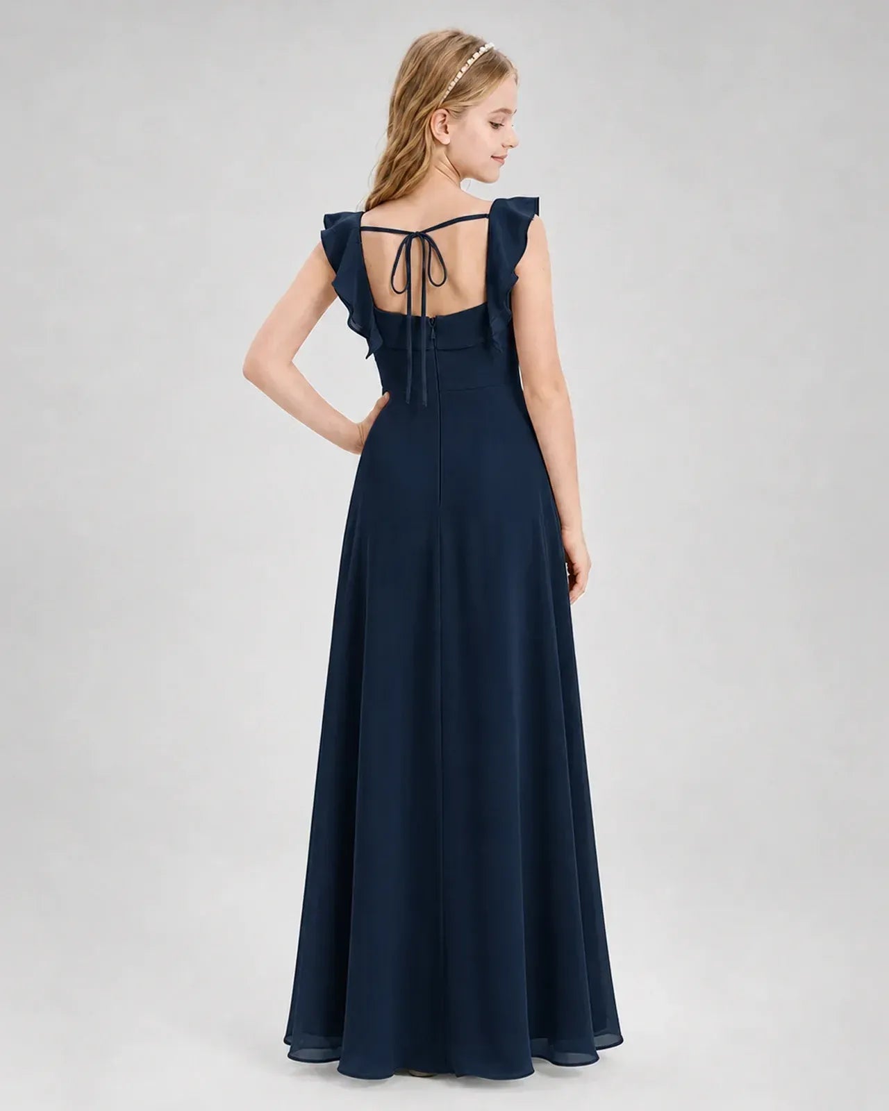 Navyblue Chiffon A-line Junior Bridesmaid Dress Back View